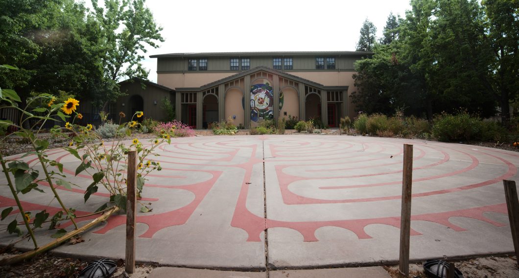 The entrance to the Labyrinth with a sunflower growing next to the path.