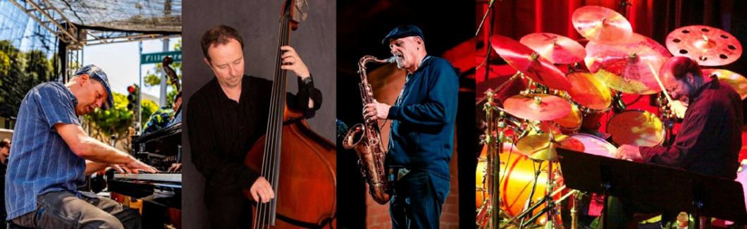 Photos of the Charged Particles Quartet Greg Sankoitch, Fred Randolph, Tod Dickow, and Job Krosnick creating jazz.