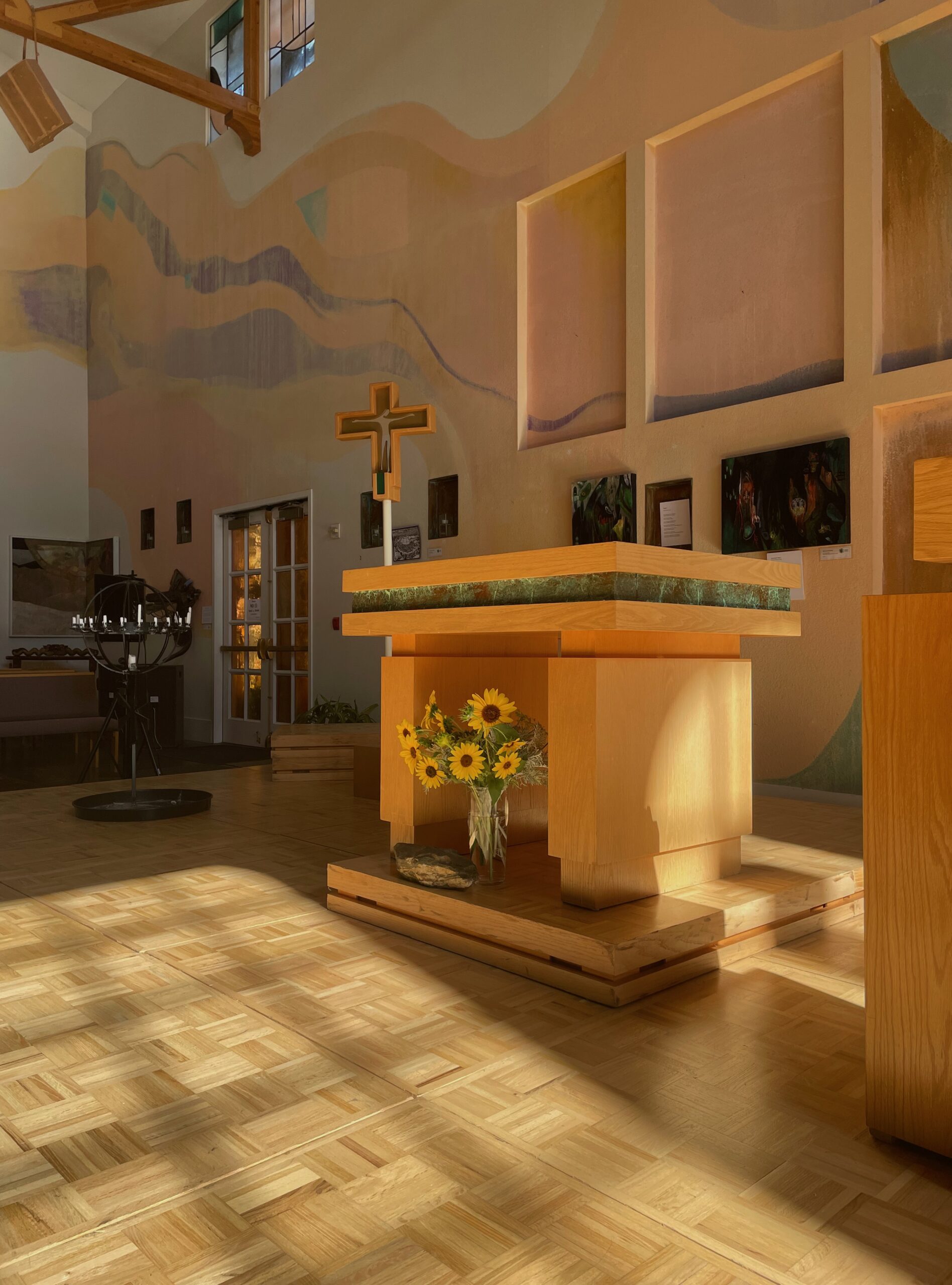 Photo of the Peace Altar before Worship, with sunflowers greeting the morning.