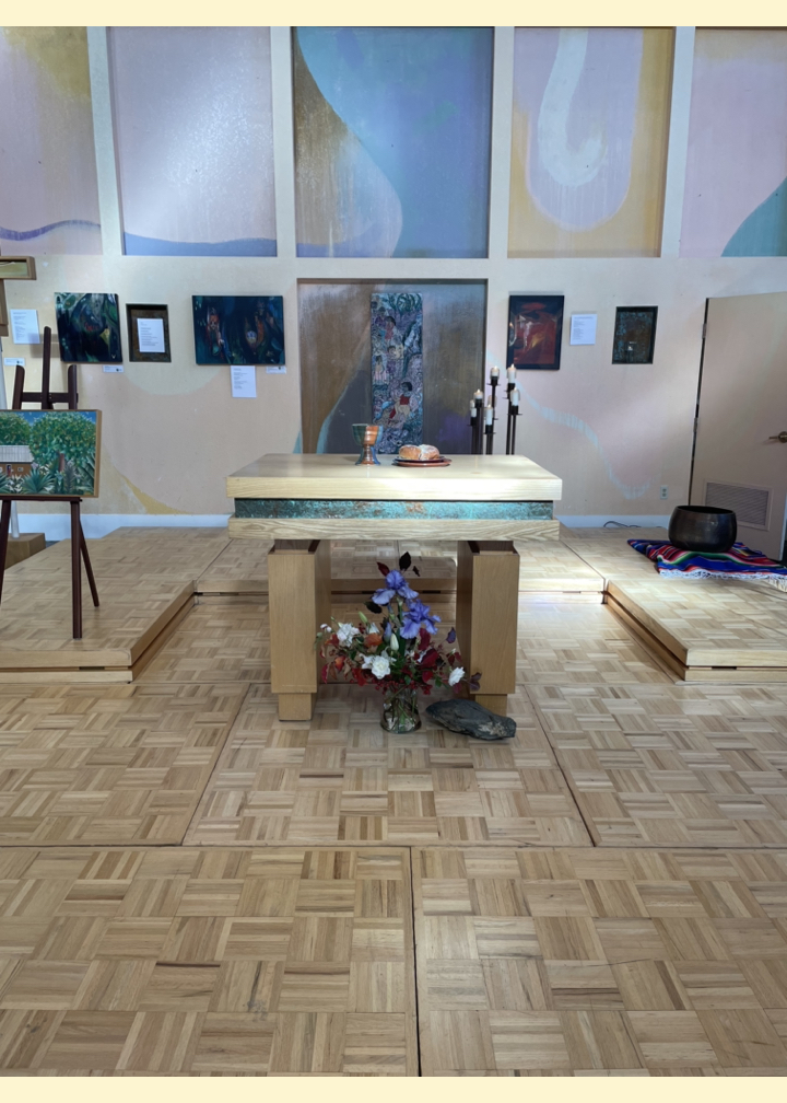 Altar after Peace Worship with sunlight illuminating the bread.