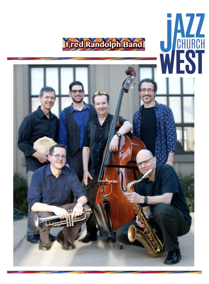 Photo of the Fred Randolph Quintet Band in the Peace courtyard. Jazz Church West begins again!