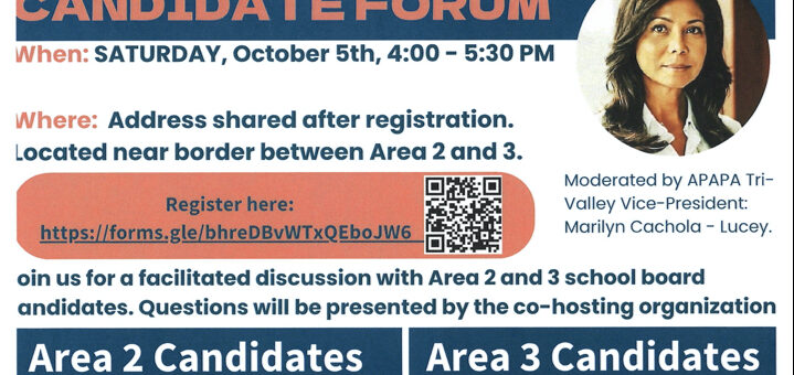 SRVUSD Board of Trustees Area 2 and Area 3 Candidate Forum. October 5th from 4:00 to 5:30pm. Learn more details by viewing the event item. Advance registration required.