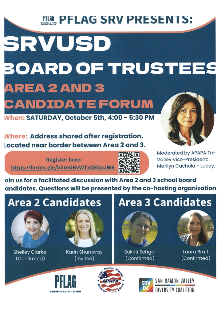 SRVUSD Board of Trustees Area 2 and Area 3 Candidate Forum. October 5th from 4:00 to 5:30pm. Learn more details by viewing the event item. Advance registration required.