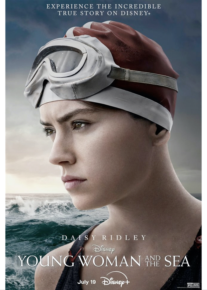 Film poster for Young Woman and the Sea. Daisy Ridley, playing Trudy Ederle, preparing to swim the English Channel.