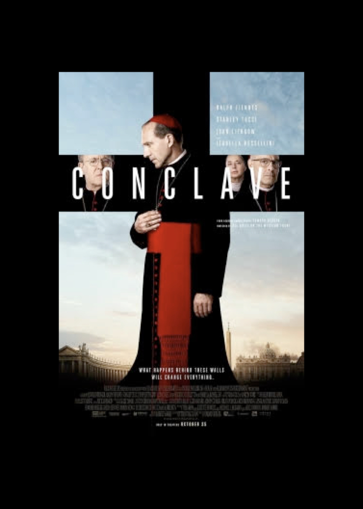 Film poster for Conclave. Faces of the actors shown within a black cross shape with blue sky behind.