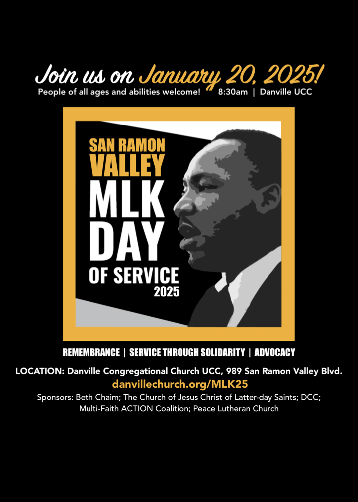 San Ramon Valley MLK Day event flyer, featuring an image of Martin Luther King, Jr. See event page for all the text of details in this image.