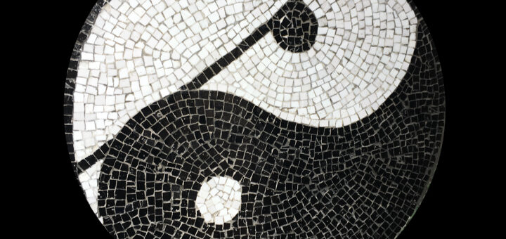 An image of the Yin-Yang symbol from the Peace Interfaith Mosaic, with the title: A Place of Enlightenment The Peace Dōjō.