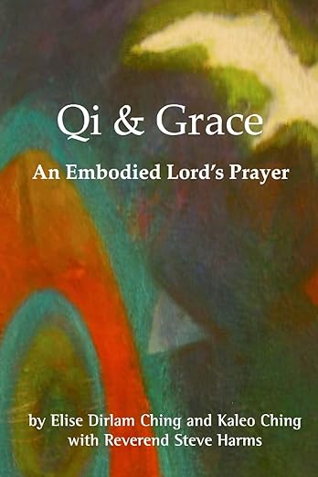 Book cover of Qi & Grace: An Embodied Lord's Prayer. Abstract design with dark and light of multiple colors dancing with each other.