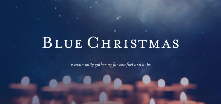 Blue background with several lit candles text Blue Christmas