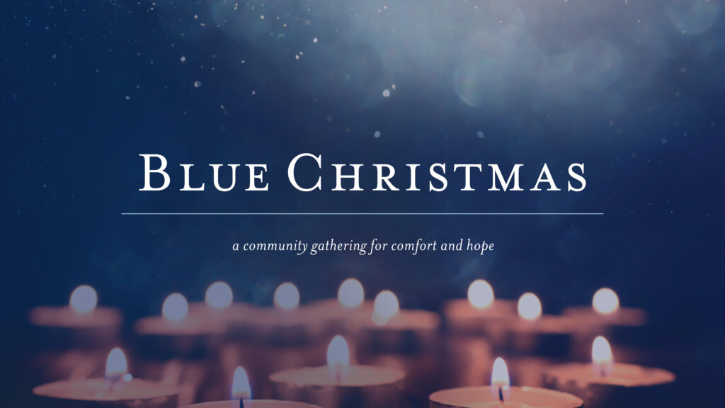 Blue background with several lit candles text Blue Christmas