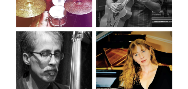 Jazz Church West logo. Featuring: Gaea Schell on piano & flute, John Wiitala on bass, Greg Wyser-Pratte on drums, and Jordan Samuels on guitar.