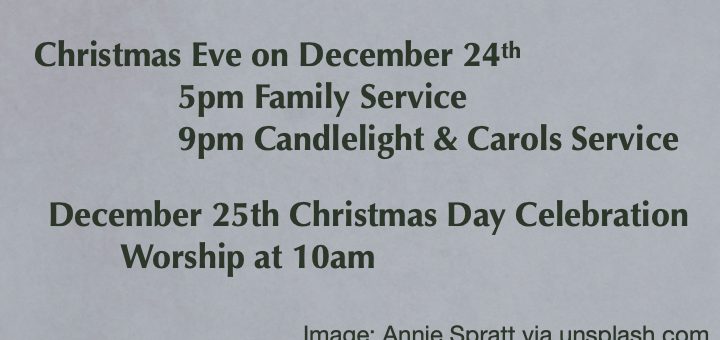 Come & Celebrate the Joy of Christmas at Peace! Sunday, December 21st 4th Sunday of Advent Worship at 10am Winter Solstice Labyrinth Walk at Noon Christmas Eve on December 24th 5pm Family Service 9pm Candlelight & Carols Service December 25th Christmas Day Celebration Worship at 10am Winter greens with red berries and ribbon in a festive image. Image by Annie Spratt via Unsplash.com.