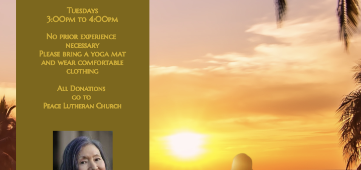 Restorative Yoga Class. Love your Mind, Love your Body, Love your Life. Yoga Class on Tuesday afternoons from three to four. At Peace Lutheran Church in the Conference Room 3201. Address is 3201 Camino Tassajara in Danville, California. Phone number 925-648-7000. Tuesdays 3 to 4PM. No prior experience necessary. Please bring a yoga mat and wear comfortable clothing. All donations go to Peace Lutheran Church photo of Nora Hudson, yoga class teacher and certified vinyasa yoga instructor. Photo of person meditating at the ocean during sunset.