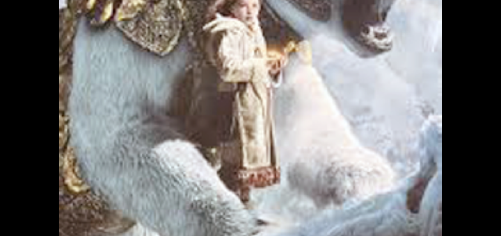 The Golden Compass Film Poster. A girl stands in front of a fierce polar bear.