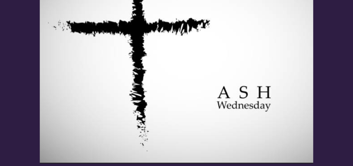 Cross made with ashes. Text Ash Wednesday.
