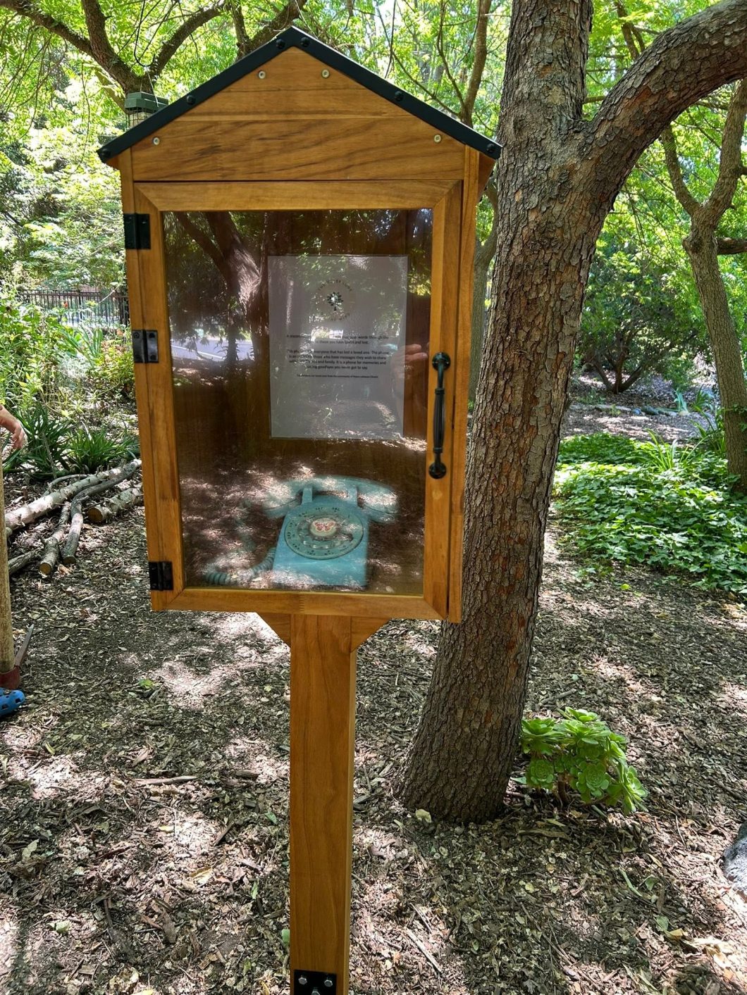 The Peace Wind Phone with trees and their shade in the background.