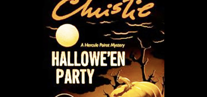 The Queen of Mystery, Agatha Christie A Hercule Poirot Mystery A Hallowe'en Party film poster with a pumpkin and dark black background
