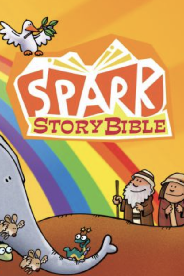 Spark Bible Story book cover. Background has a rainbow and Biblical characters Noah and his son, along with several animals including an elephant, dove with olive branch, rabbits, and a turtle.