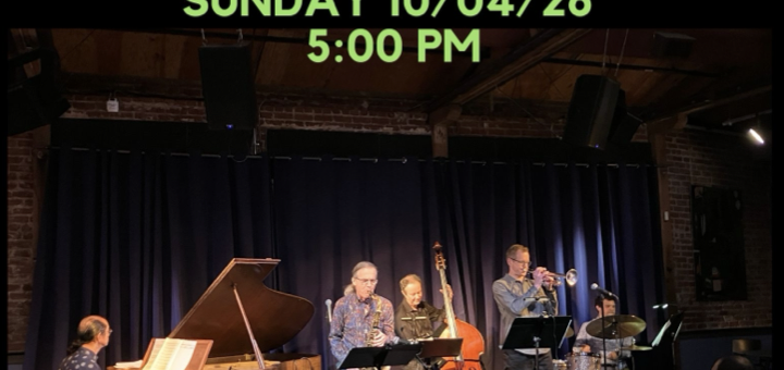 Photo of the Fred Randolph Quintet performing. Text reads Fred Randolph Quintet at Jazz at Peace Sunday, 10/4/26 at 5:00pm. Featuring Fred Randolph, Erik Jekabson, Sheldon Brown, Murray Low, and Brian Fishler.