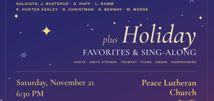 Elizabeth Hunter Ashley presents with co-producer Tim Salaver Handel’s Messiah. Selected Arias and chorus Audience Sing-Along. Soloists: J. Busterud, D. Huff, L. Ramm, E. Hunter Ashley, D. Christman, R. Benway, and M. Morse. Plus Holiday favorites and Sing-ALong. Duets, Areté string, trumpet, piano, organ, harpsichord. Sunday November 21 at 6:30pm at Peace Lutheran Church, Danville. Wine tasting and dessert reception. Tickets $30 adults and $20 students. QR code to buy tickets at https://www.eventbrite.com/e/handels-messiah-audience-sing-along-holiday-favorites-tickets-2001943560079?aff=oddtdtcreator.