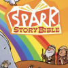 Spark Bible Story book cover. Background has a rainbow and Biblical characters Noah and his son, along with several animals including an elephant, dove with olive branch, rabbits, and a turtle.